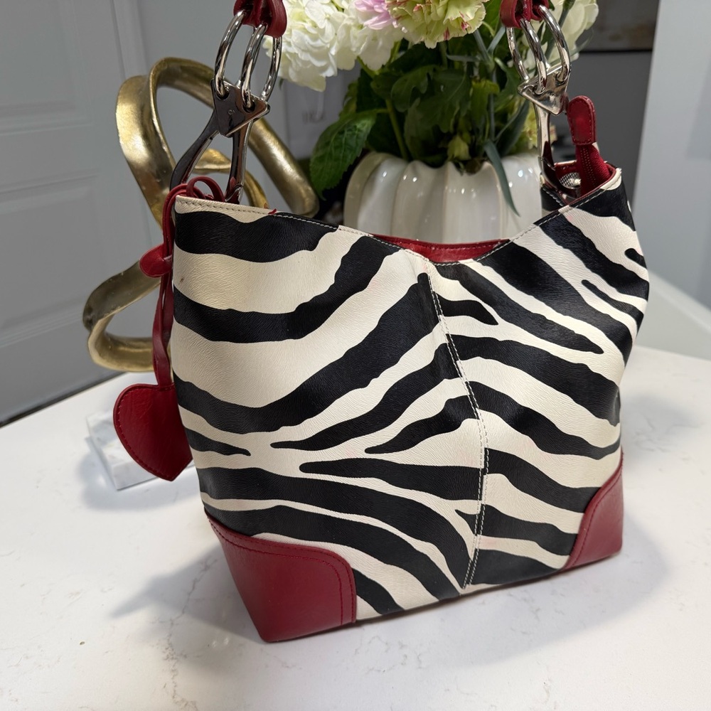 Zebra Print Leather Shoulder Bag Red Trim Animal Print Statement Purse